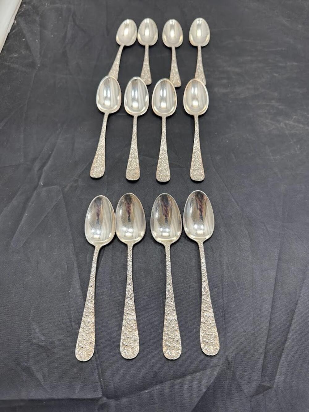 Antique Stieff Rose Sterling Silver 5.875" Flat Handle Teaspoons Set 12 Monogram